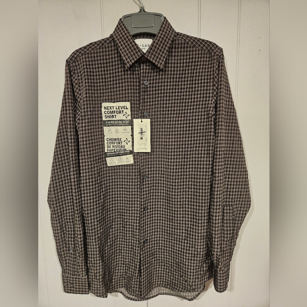 C-LAB NYC Slim Fit Plaid 4Way Stretch Dress Shirt Gray Small 14-1/2 32/33 NWT